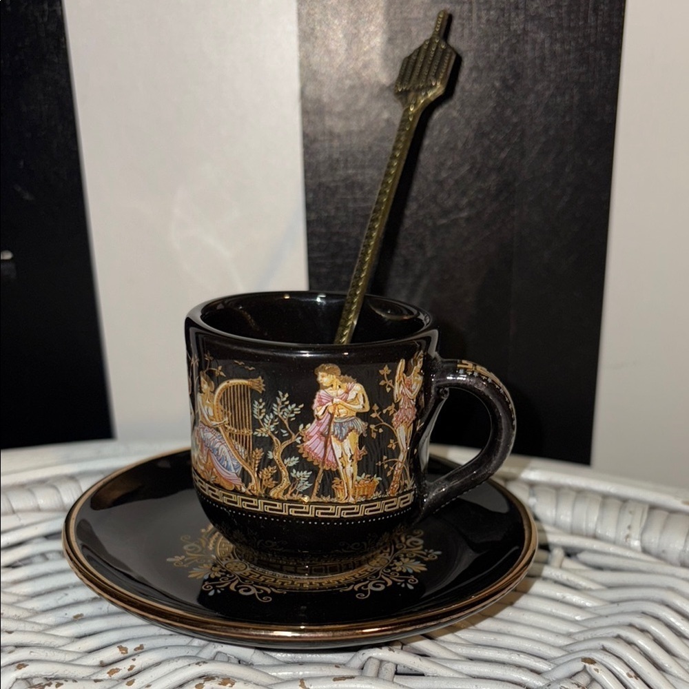 1960s Black and Gold Greek Gods Motif Mini Tea Cup /Saucer Set 24K Gold & Spoon - Picture 1 of 17